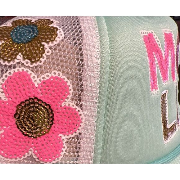 New SIMPLY SOUTHERN Sequin Letter MOM LIFE Trucker Cap Hat Mesh Back Minty Green - Picture 5 of 7